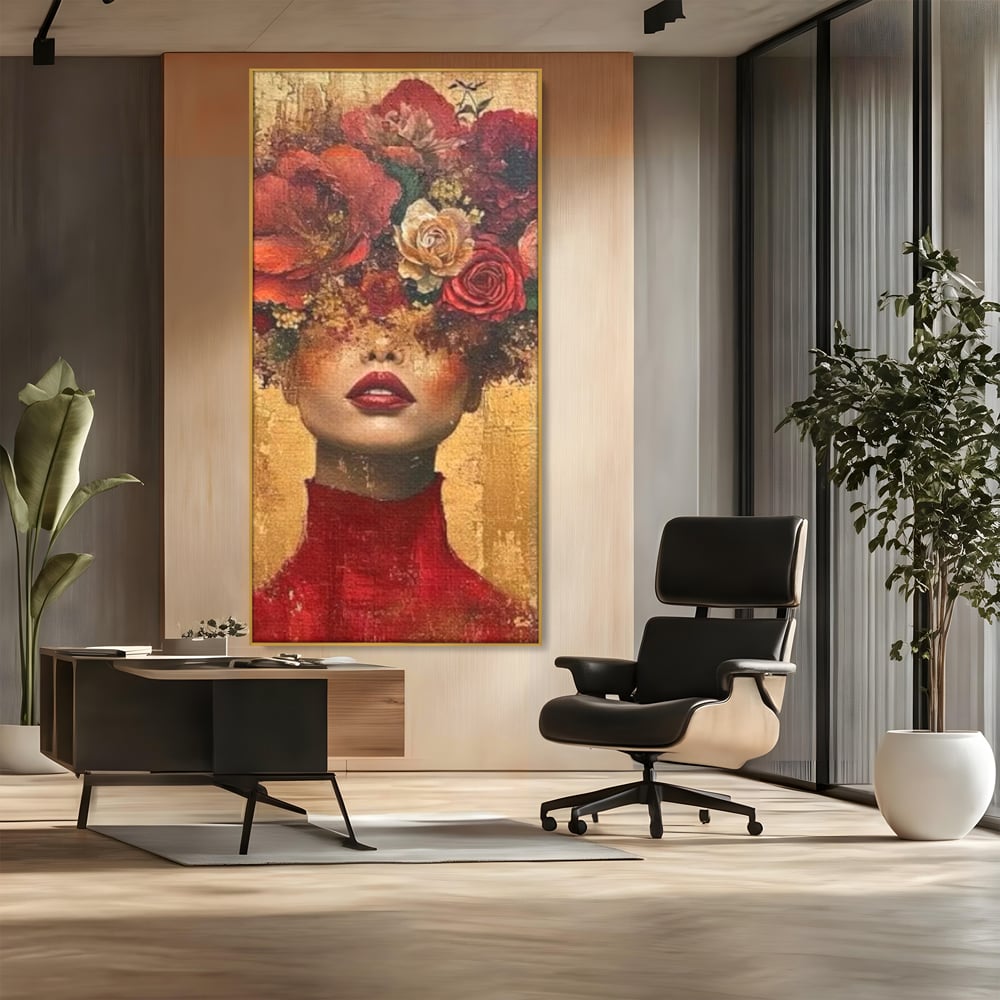 Tablou canvas cu tablou canvas cu portret de femeie si flori, in rama de aluminiu auriu, pe perete intr-un birou